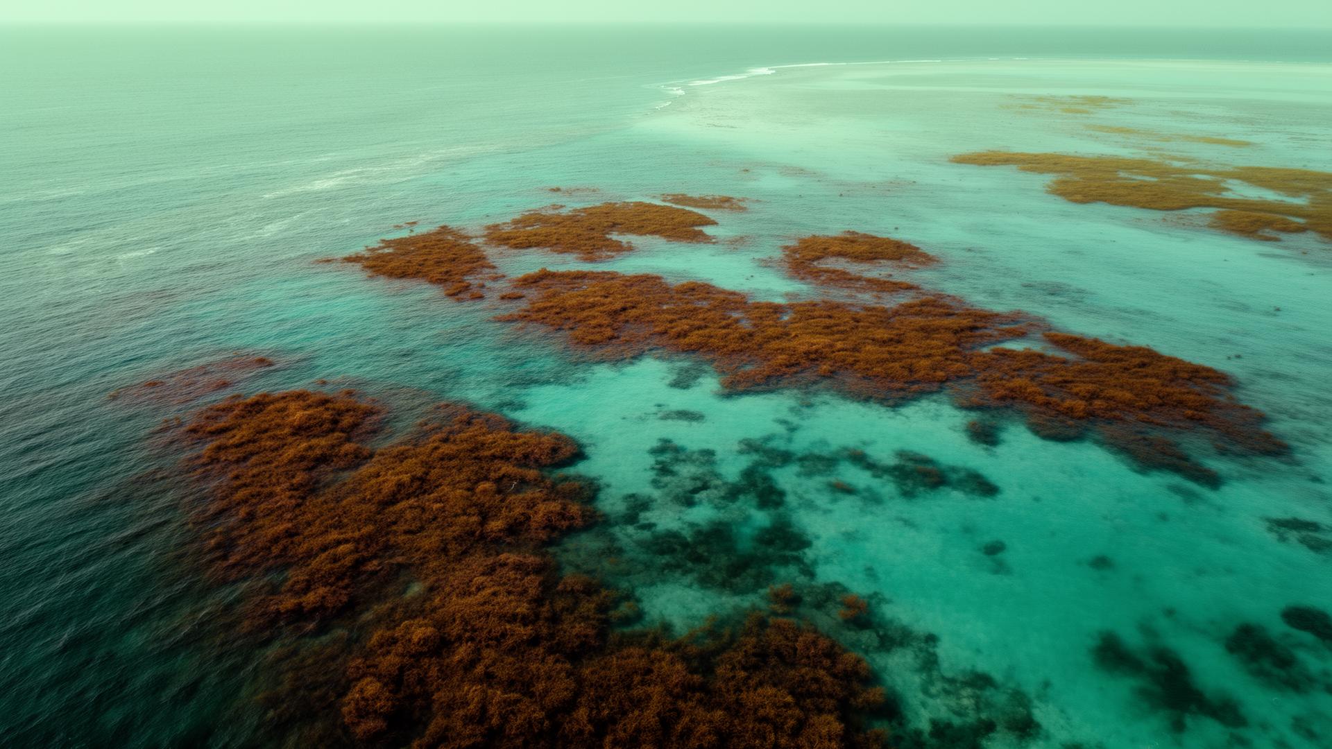 Aerial view of sargassum drifting over the Belize barrier reef